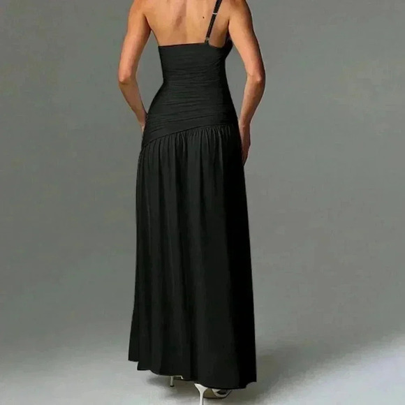 Black Sexy Women's Solid Color Asymmetrical Neck Ruffle Ruched Split Hem Dress - Picture 2 of 6